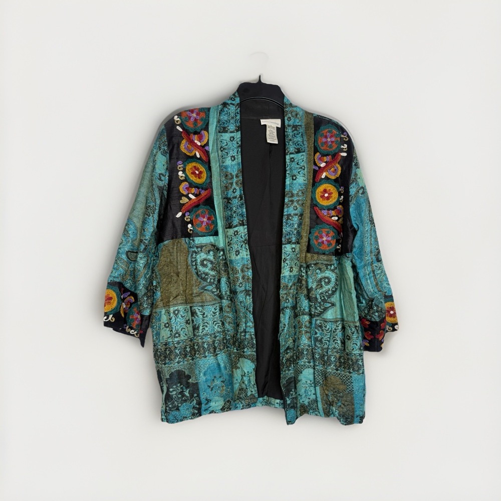 Soft Sorroundings Cardigan Womens Large 3/4 Sleeve Embroidered Boho Hippie